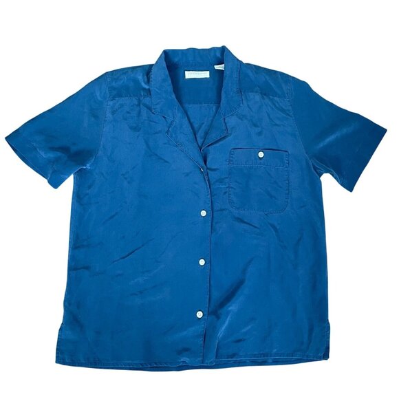 Vintage Liz Claiborne Womens Sz 6 Blue 100% Silk Button-Up Shirt Short Sleeve - Picture 1 of 6